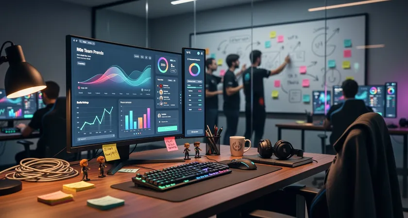 Interface fictive sur grand ecran projetant des visualisations de donnees d'equipe. Un graphique radar compare cinq joueurs sur des metriques de vision, de pression et d'objectifs, avec un graphique de tendance de winrate en arriere-plan