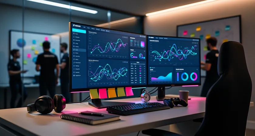 Vue d'ensemble d'un espace commun d'equipe, tard le soir. Les chaises de gaming sont vides, un seul ecran montre le profil d'equipe sur un leaderboard avec des stats mises a jour, la lumiere bleue de l'ecran illuminant les murs