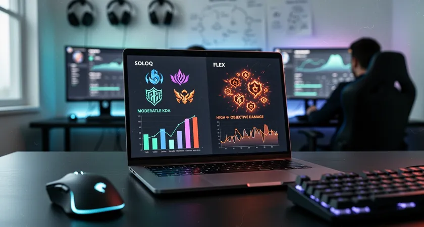 Una captura de pantalla de un análisis de partida mostrada en un portátil, con dos columnas claramente diferenciadas: estadísticas de SoloQ a la izquierda (KDA alto, daño bajo) y estadísticas de Flex a la derecha (KDA moderado, daño en objetivos altísimo). El ratón descansa junto al trackpad, luz de monitor azulada en una habitación a oscuras