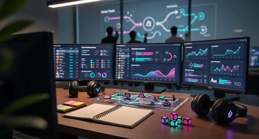 Un diagrama dibujado a mano en una pizarra de oficina, mostrando flechas entre iconos de campeones (un tanque, un ADC, un mago). Las flechas están etiquetadas con conceptos como "peel", "engage", "zona de control". La pizarra está iluminada por la luz natural de una ventana, se ven tazas de café en una mesa cercana
