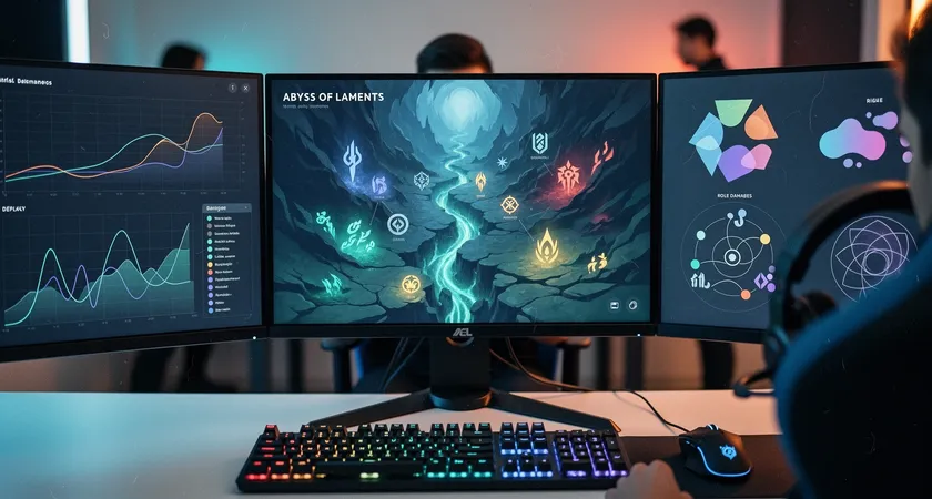 Primer plano de tres monitores de juego en una configuración de battlestation. En el monitor central se ve un mapa del Abismo de los Lamentos con anotaciones tácticas superpuestas. El monitor izquierdo muestra un gráfico de líneas de daño por minuto del equipo. El derecho tiene una ventana de chat de Discord. Luz RGB tenue, ambiente de juego concentrado