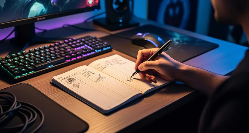 Fotografía de un jugador tomando notas en un cuaderno cuadriculado tras una partida. Se ven columnas con títulos como "Mi tempo", "Tempo equipo", "Objetivo perdido". Una mano sostiene un bolígrafo, al fondo se ven periféricos de gaming, iluminación cálida de un flexo en un escritorio desordenado
