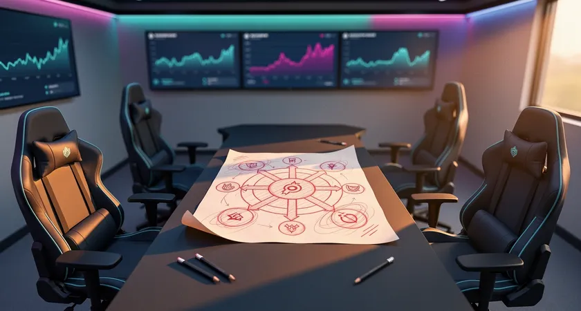 Vista cenital de cinco sillas de gaming vacías alrededor de una mesa en forma de herradura. En el centro de la mesa hay un diagrama impreso de un draft de campeones con notas en lápiz rojo. Luces LED del techo apagadas, solo entra la luz del atardecer por una ventana grande, ambiente de espera antes de una partida