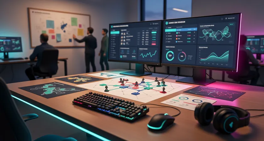 리그 오브 레전드 미니맵 위에 겹쳐진 다양한 색상의 선과 화살표 데이터 시각화, 팀원들의 이동 경로와 교전 지역이 빛의 파동처럼 표시됨, 어두운 배경에 neon blue와 green 색상이 도드라짐, 모니터 화면을 조금 떨어진 곳에서 바라본 구도