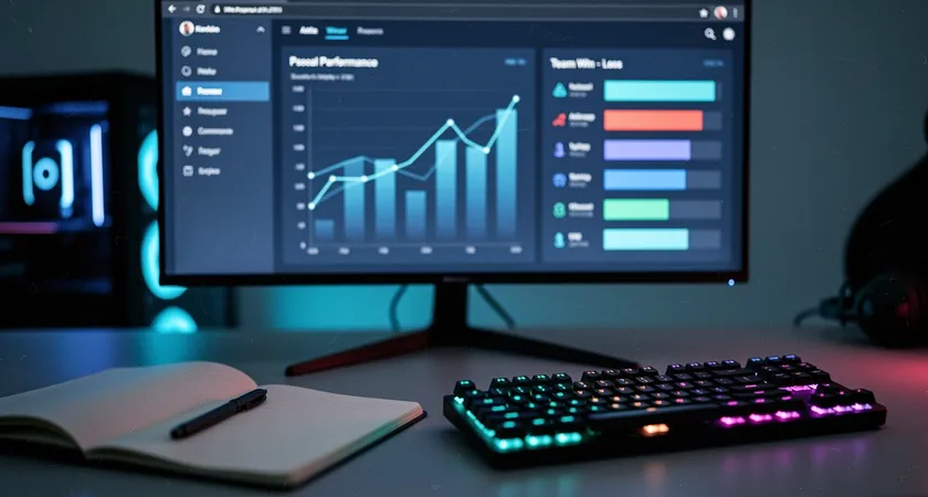 브라우저 창 여러 개가 열린 데스크탑 모니터, 한 창에는 개인 KDA 그래프, 다른 창에는 팀 승패 기록이 대조적으로 나열됨, 빈 노트와 펜이 옆에 놓여 있음, 책상 위에는 커스텀 기계식 키보드, 전체적으로 차가운 청색 조명