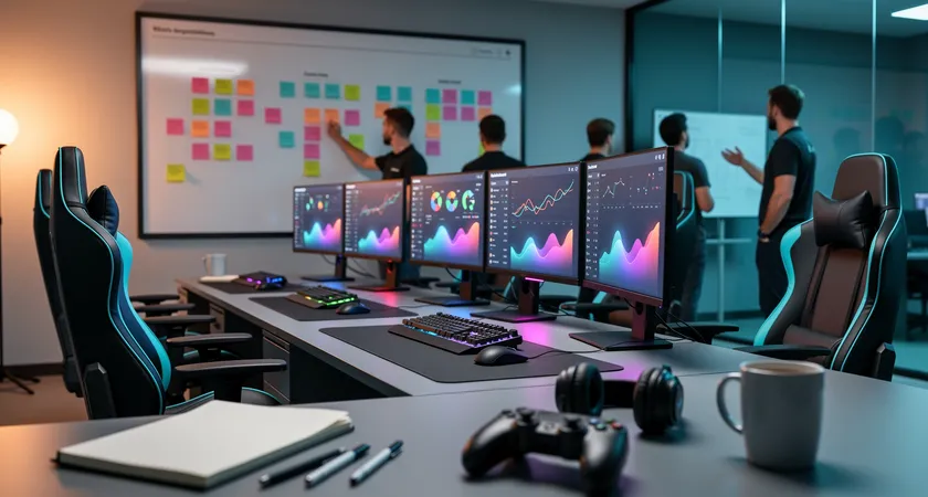 전술 테이블 위에 펼쳐진 리그 오브 레전드 미니맵 프린트아웃, 다양한 색상의 마커 펜으로 화살표와 원이 그려져 있고, 작은 말풍선 스티커로 의사소통 내용이 표시됨, 테이블 가장자리에 헤드셋과 마우스가 놓여 있음