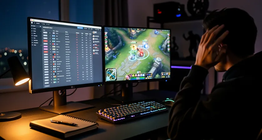 흐릿한 배경의 게이밍 방, 전면 초점은 두 개의 모니터로 하나에는 복잡한 데이터 스프레드시트가, 다른 하나에는 리그 오브 레전드 리플레이 화면이暂停되어 있음, 한 손이 머리카락을 만지면서 고민하는 모습, 따뜻한 책상 조명과 대비되는 창문의 어두운 밤 풍경