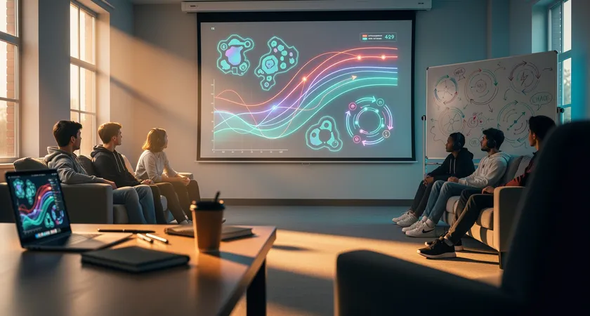 햇빛이 비치는 커뮤니티 센터의 넓은 방, 큰 스크린에 데이터 차트가投影되고, 젊은 사람들이 소파와 의자에 앉아 열린 태도로 토론하고 있으며, 화이트보드에 '계획 → 실행 → 측정 → 대화' 사이클이 적혀 있음, 자연광이 가득한 따뜻하고 긍정적인 분위기