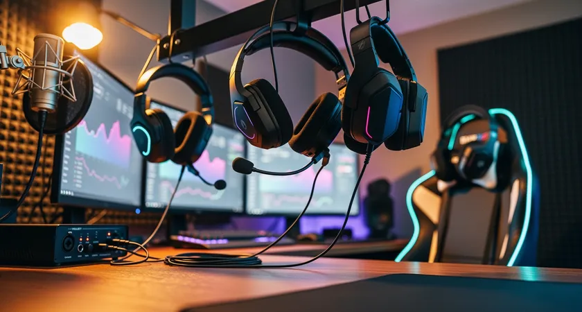 Vue en contre-plongée sur trois casques micros suspendus à un support sur un bureau, un quatrième en arrière-plan posé sur un siège gaming, ambiance de home studio avec lumière chaude et filtre pop acoustique au mur