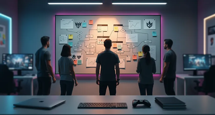 Silhouette d'une personne debout, vue de dos, observant un grand tableau d'affichage avec des fiches de joueurs et des diagrammes de flux de jeu épinglés, la pièce est un bureau professionnel sobre, éclairé par des néons