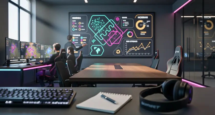 Primer plano de un monitor de gaming curvo mostrando la pantalla de selección de campeones de League of Legends, con cinco nombres de invocador y campeones seleccionados formando una composición reconocible, reflejo tenue de la cara concentrada del jugador en la pantalla, teclado RGB con iluminación azul