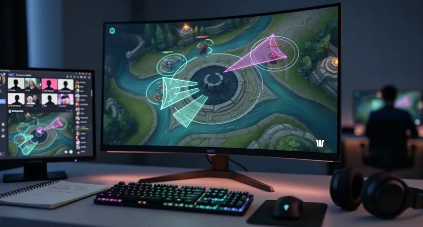 Grabación de pantalla de una repetición de partida pausada en el momento crítico antes de una pelea por el barón Nashor, con círculos de visión y rangos de habilidad dibujados sobre la imagen, vista compartida en un stream de Discord visible en una segunda pantalla pequeña, ambiente íntimo de análisis nocturno