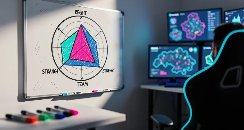 Representación visual de datos: gráfico de radar dibujado en una pizarra blanca mostrando cinco ejes (Early Game, Teamfight, Objective Control, Vision, Late Game) con el perfil de un equipo claramente marcado, destacando en dos áreas, rotuladores de colores y borrador a un lado, luz natural de mañana