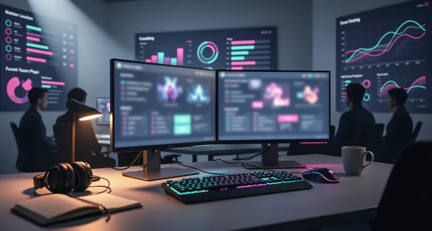 리그 오브 레전드 미니맵 화면을 중심으로 한 게이밍 세트업, 헤드셋을 걸어놓은 책상 위에 다섯 개의 마우스 패드가 나란히 놓여 있고, 한 개의 패드 위에 포스트잇으로 '롤쿨 TP'라고 적혀 있음, 차가운 모니터 백라이트와 따뜻한 책상 조명이 대비를 이룸