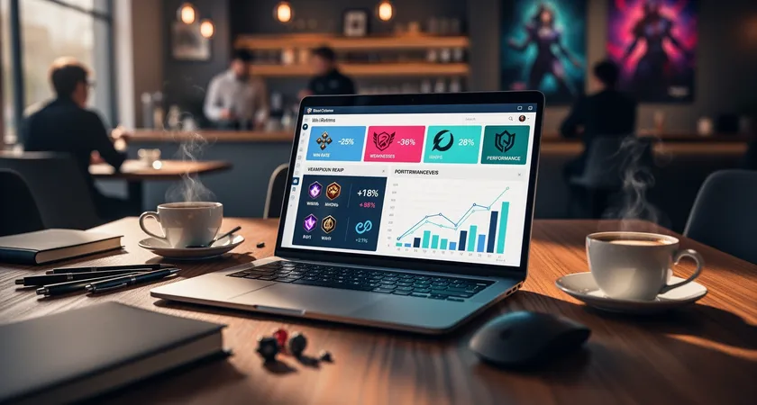 카페의 커다란 테이블에 놓인 노트북 화면에 구글 스프레드시트가 열려 있음, 시트에는 챔피언 아이콘과 승률, 약점이 표로 정리되어 있고, 주변에 커피 잔과 흩어진 펜이 놓여 있음, 배경은 흐릿한 카페 인테리어