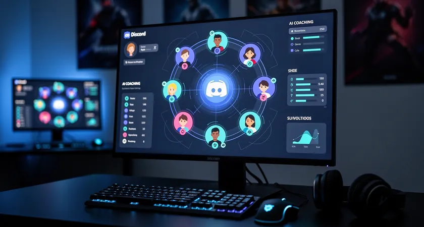 디스코드 음성 채팅 화면의 스크린샷처럼 구성된 그래픽, 여러 개의 아바타와 닉네임이 원형으로 배치되고, 중앙에 'Shotcaller: Mid'라고 텍스트로 표시됨, 전체적인 색조는 파란색과 검정색, 디지털 감성