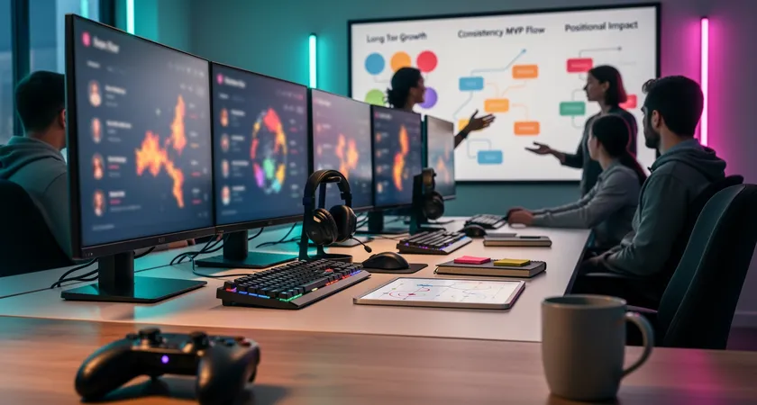 어두운 방에서 모니터 두 개가 나란히 배치됨, 한 화면에는 리그 오브 레전드 팀 시점 리플레이가, 다른 화면에는 개인 시점 리플레이가 재생 중이며, 바닥에 떨어진 헤드셋과 메모장이 보임, 모니터 빛만이 주된 광원