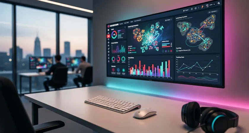 넓은 창가가 있는 오피스 공간, 빈 책상 위에 고급스러운 무선 키보드와 마우스만이 놓여 있고, 벽면에 걸린 대형 모니터에는 복잡한 데이터 대시보드(그래프와 차트)가 띄워져 있음, 자연광이 실내를 채우고 있으며, 전체적인 분위기는 청량하고 전문적