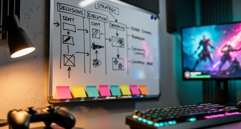 Gros plan sur un tableau blanc effaçable fixé au mur d'un bureau gaming, avec des colonnes titrées "Décisions", "Exécution", "Comms" tracées au marqueur, et quelques post-it colorés alignés en dessous, éclairé par la lumière chaude d'une lampe de bureau