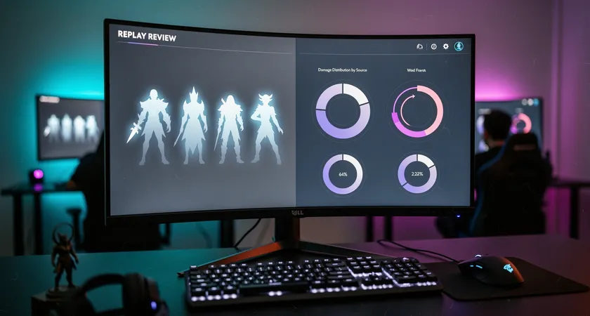 Écran d'ordinateur gaming partagé en deux, à gauche le replay d'un combat d'équipe avec cinq silhouettes de champions, à droite un logiciel de visualisation simple montrant des diagrammes circulaires de dégâts par source, ambiance sombre avec rétro-éclairage bleu et violet