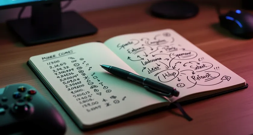 Carnet de notes ouvert sur une page avec deux colonnes, à gauche une liste de chiffres et d'acronymes (DMG@15, VSPM), à droite des notes manuscrites reliées par des flèches commentant "priorité herald oubliée", "vision river bot constante", stylo posé sur le carnet, fond en bois