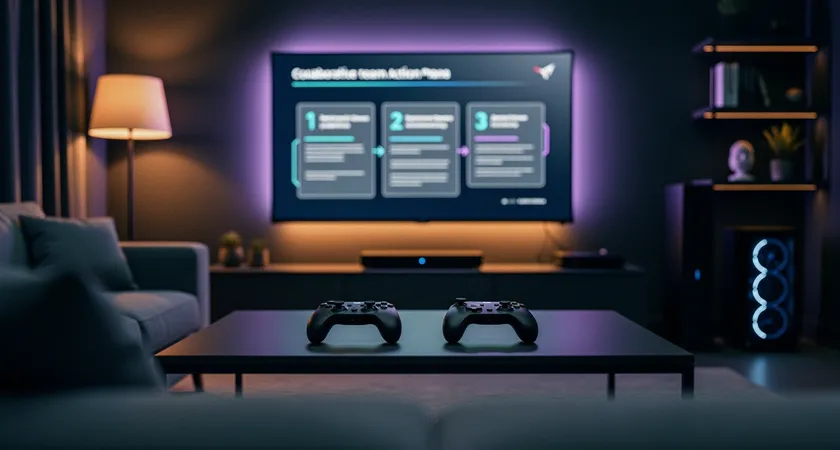 Vue d'ensemble d'un espace détente gaming avec canapé et écran TV, affichant un document type 'Plan d'action équipe' avec trois bullet points, deux manettes posées sur la table basse, lumière tamisée