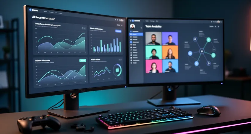 Deux écrans côte à côte, à gauche une interface web moderne avec graphiques et recommandations IA surlignées, à droite une discussion Discord video avec cinq petites fenêtres webcam et une personne présentant des schémas, ambiance professionnelle et concentrée