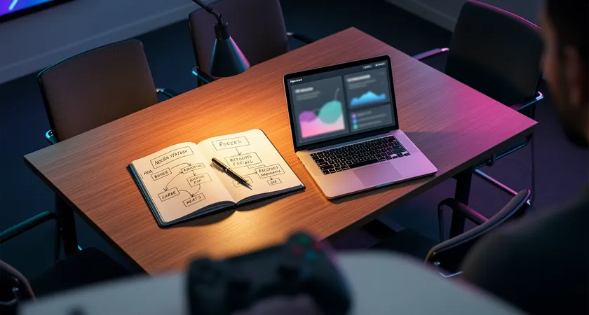 Vista cenital de una mesa de reuniones con cinco sillas, un portátil abierto mostrando un VOD de League of Legends en pausa, un cuaderno abierto con anotaciones a bolígrafo y diagramas de flujo simples, iluminación cálida de una lámpara de mesa, ambiente concentrado y preparatorio
