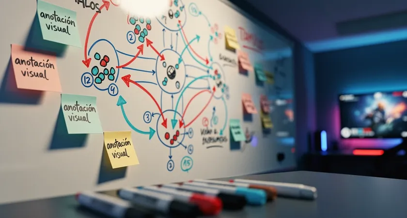 Primer plano de una pizarra blanca en una pared, con diagramas de teamfight dibujados con rotuladores de colores, flechas que indican movimientos, y post-its con palabras como "VISIÓN", "PRIO" y "CDs", iluminación clara de oficina, sensación de análisis metódico