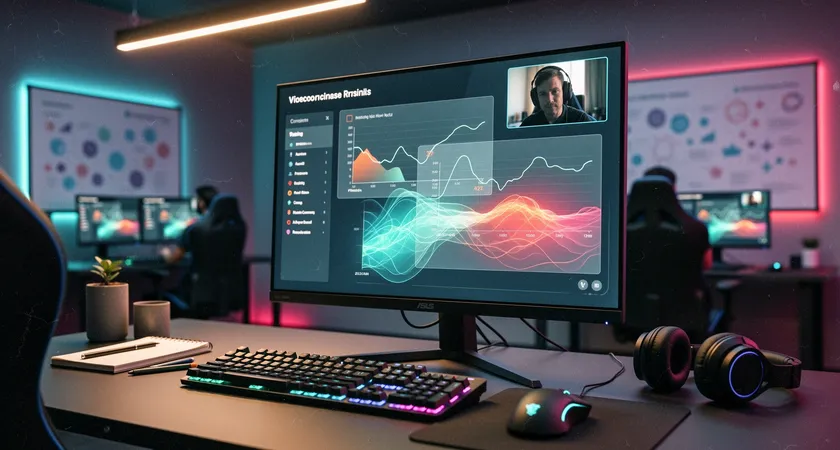 Escena de una videollamada en un monitor grande, se ve la silueta de una persona (el coach) en una ventana pequeña, la pantalla principal muestra un VOD de LoL con anotaciones superpuestas y gráficos de líneas temporales, el resto de la habitación está en penumbra, enfoque en la pantalla como fuente de insight