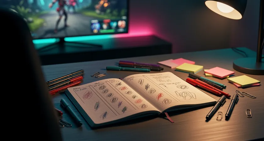 Gros plan sur un carnet de notes ouvert posé sur un bureau, avec des colonnes intitulées "Forces", "Axes de progression" et "Culture souhaitée". Des stylos de couleur et des post-it sont éparpillés autour, éclairés par la lumière chaude d'une lampe de bureau, créant une ambiance de réflexion stratégique