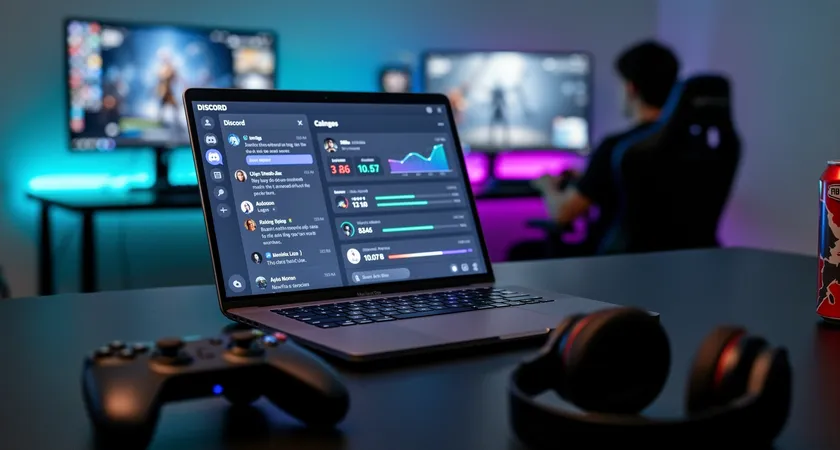 Écran d'ordinateur portable montrant une conversation Discord ouverte, avec des messages échangés entre plusieurs personnes. La fenêtre du navigateur montre un profil de tracker de stats à côté. Ambiance de soirée, lumière bleutée de l'écran dominant une pièce sombre
