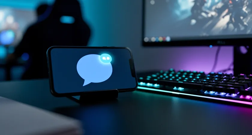 Photo en contre-plongée d'une main tenant un smartphone affichant l'icône de l'application Discord, avec une notification de message floue. En arrière-plan flou, un setup gaming avec clavier rétroéclairé. Ambiance tendue et indécise, lumière froide