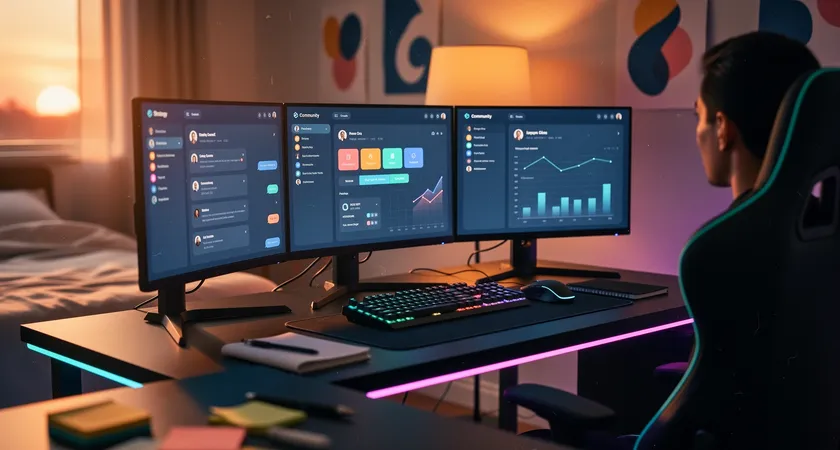 Vista amplia de una estación de gaming en una habitación con luz cálida de atardecer, tres pantallas iluminadas muestran el cliente de League of Legends, un navegador con un servidor Discord abierto y una hoja de cálculo, teclado mecánico y notas adhesivas con horarios en el borde del monitor