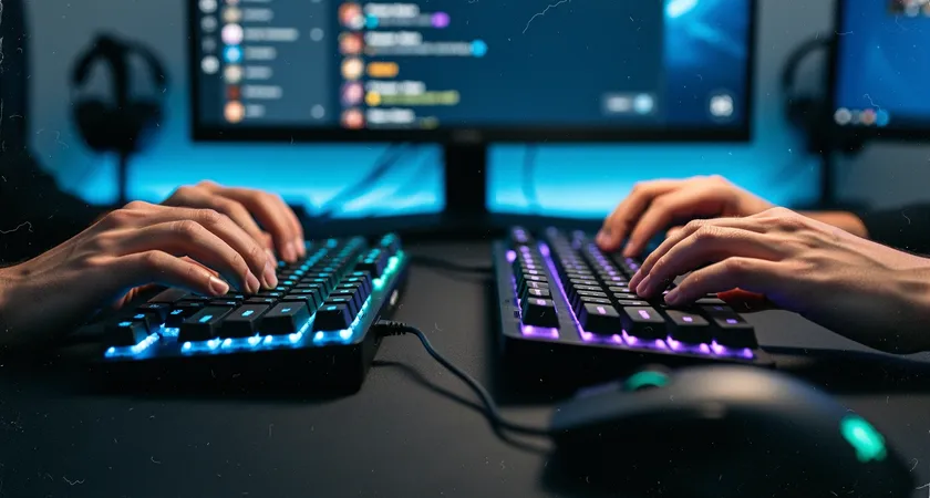 Primer plano de dos manos sobre teclados diferentes, una escribe en un cuadro de chat de juego con el mensaje "Mi error, no tenía visión ahí. Podemos hacer Nash ahora", iluminación tenue de LED azules, ambiente concentrado