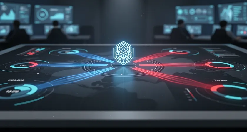 Representación visual abstracta de datos de partida. Haces de luz azules y rojos que fluyen desde un icono de Baron Nashor en el centro del mapa de Summoner's Rift, conectándose a gráficos circulares y líneas de tiempo en la periferia, simbolizando el análisis automatizado de datos de objetivos