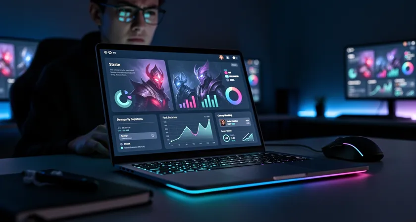 Gros plan sur un écran d'ordinateur portable dans une pièce sombre, lumières RVB du clavier et de la souris éclairant un visage concentré, reflet de l'interface League of Legends visible sur les lunettes, expression de frustration légère