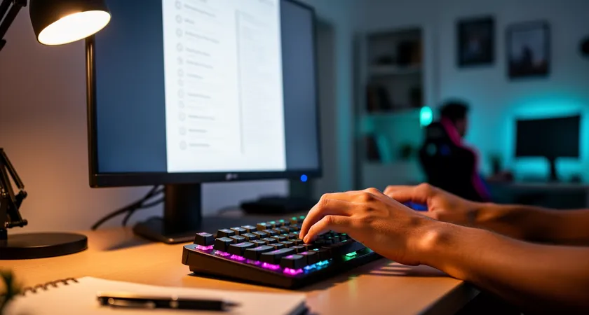 Vue en plan américain de deux mains tapant sur un clavier mécanique, l'écran affichant une liste de critères sur un document texte, lumière chaude de lampe de bureau, ambiance studieuse et organisée