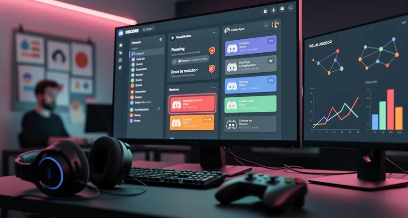 Capture d'écran stylisée d'une conversation Discord organisée, plusieurs salons visibles (Général, Planning, Replay-Analysis), notifications de messages dans le salon "candidatures", interface propre et professionnelle