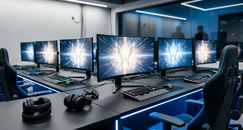 Vue d'ensemble d'un espace de gaming avec cinq setups identiques, écrans affichant l'écran de victoire de League of Legends, chaises de gaming vides, ambiance de travail d'équipe réussie, lumières bleues et blanches