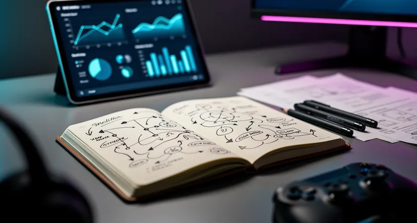 Plan rapproché sur un carnet de notes ouvert, schémas de drafts et flèches stratégiques dessinés à la main, une tablette en arrière-plan montre des graphiques de performance, fusion entre analyse traditionnelle et outils numériques