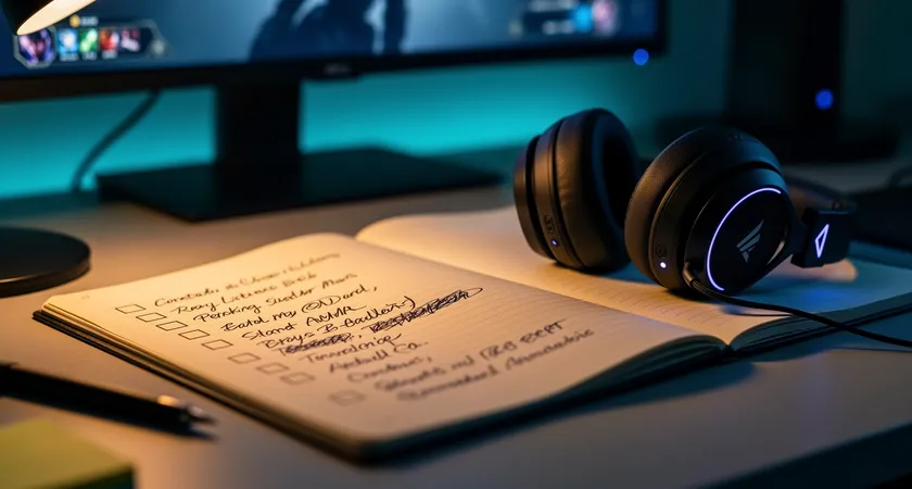 Primera plana de un cuaderno abierto sobre un escritorio con auriculares de gaming, mostrando una lista manuscrita con títulos como 'Filtros: Horario, Comms, Main Rol, 3+ champs', iluminación cálida de lámpara de escritorio, ambiente de preparación