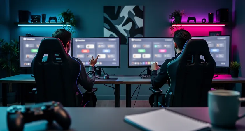Una escena de dos personas en una llamada de Discord, vistas desde atrás de sus sillas de gaming, sus pantallas muestran el post-game lobby de LoL, están discutiendo amablemente con gestos, iluminación tenue de sus setups RGB