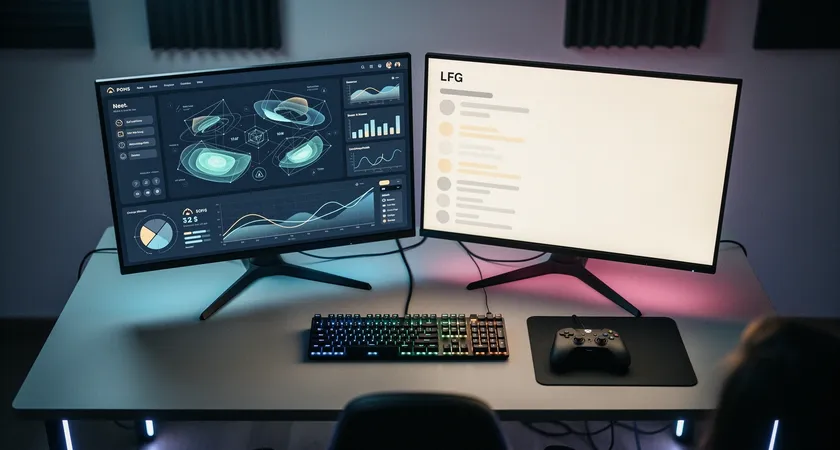 Una vista aérea ordenada de una estación de trabajo dual: una pantalla muestra un dashboard complejo de análisis de un juego con gráficos y estadísticas, la otra muestra una simple lista de LFG, simbolizando la evolución de lo básico a lo profesional