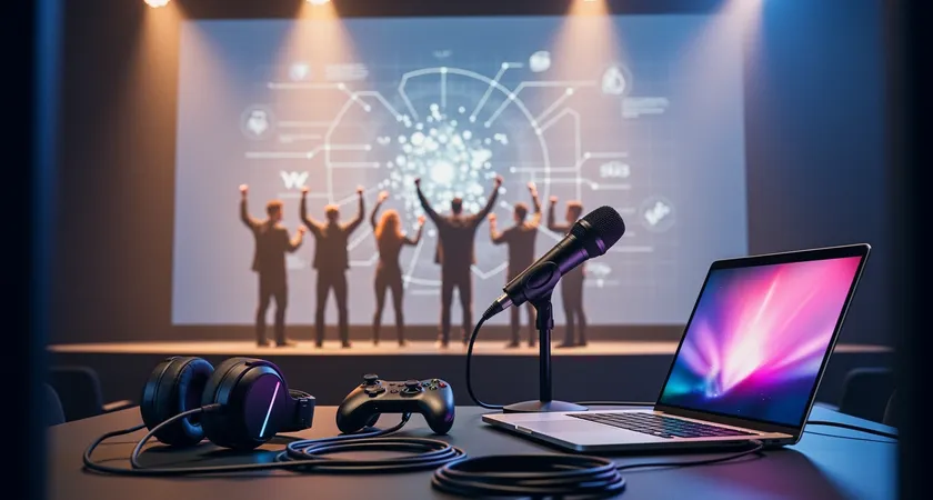 Una amplia foto de un equipo de esports amateur en un escenario pequeño, celebrando una victoria, sus rostros muestran alegría y camaradería, luces del escenario recortando sus siluetas contra una pantalla que muestra el logo de 'Victory'