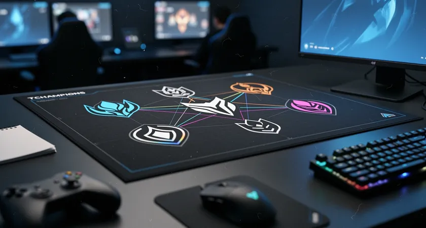 Vue d'écran fictive floutée d'un tableau de draft sur fond sombre, avec des lignes de connexion colorées reliant cinq icônes de champions, le tout éclairé par la lueur bleutée d'un écran de bureau, ambiance de stratégie en salle de commandement