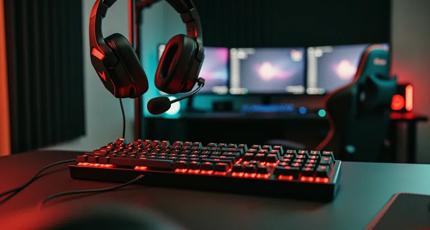 Gros plan sur un clavier mécanique rétroéclairé en rouge, avec un micro-casque suspendu au-dessus, ambiance feutrée d'un bureau de streamer, lumière tamisée et quelques écrans secondaires flous en arrière-plan