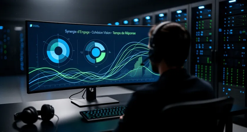 Dashboard analytique stylisé sur un écran large, montrant des graphiques en radar et en courbes avec des légendes en français (Synergie d'Engage, Cohésion Vision, Temps de Réponse), palette bleu foncé et vert électrique, ambiance data center