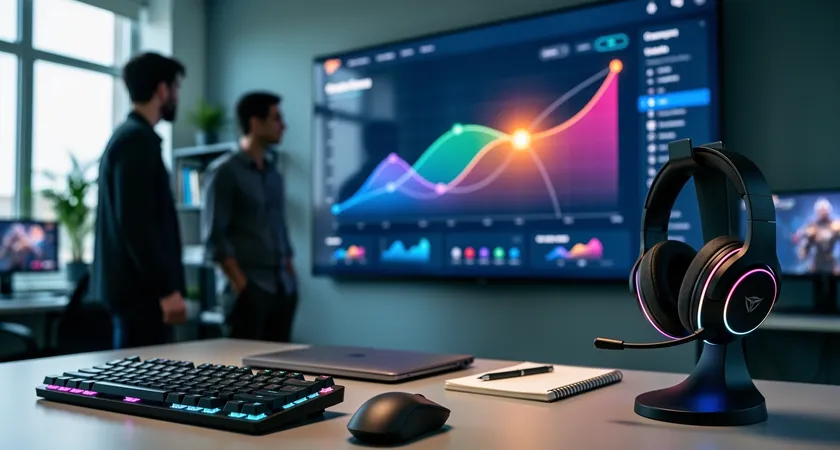 Deux personnes en tenue décontractée discutant devant un écran affichant un graphique de performance d'équipe, l'une désignant un point précis du graphique, lumière naturelle d'un bureau, ambiance de collaboration informelle