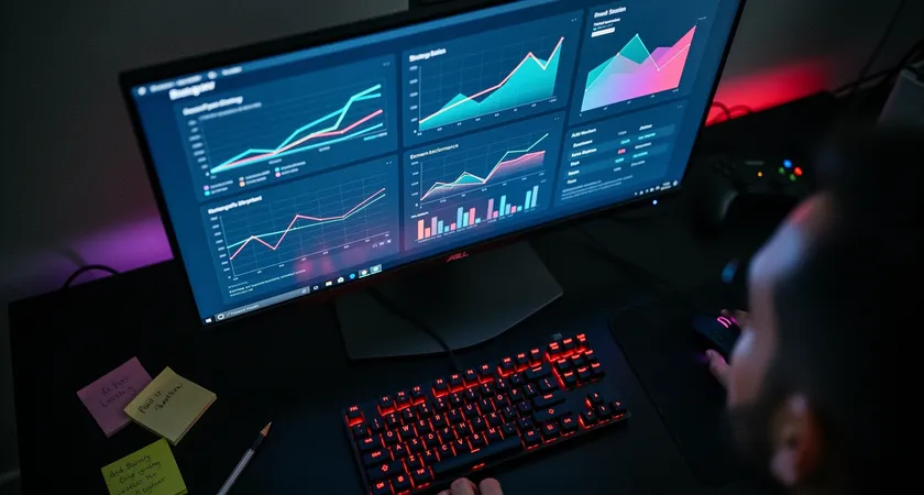 Vista cenital de una pantalla de ordenador mostrando múltiples gráficos de rendimiento de un jugador de League of Legends, iluminación azul tenue de la pantalla en una habitación oscura, teclado mecánico con retroiluminación roja a un lado, notas adhesivas con anotaciones pegadas en el borde del monitor